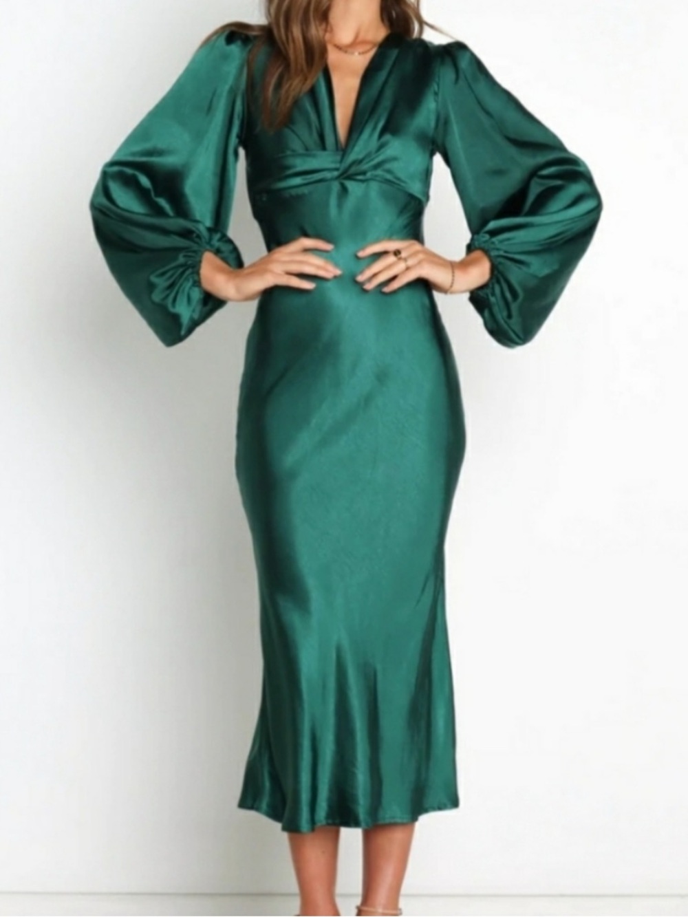 NEW Petal + Pup Grace Midi Dress Size 2 Emerald Green Long-Sleeve V-Neck NWT